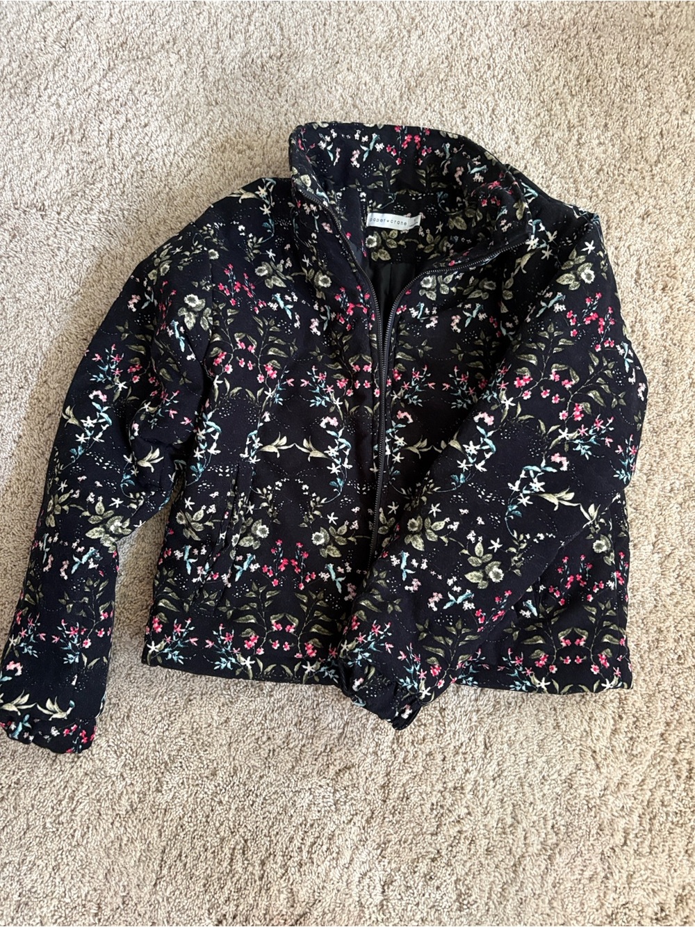 Paper Crane Black Floral Quilted Puffer Jacket